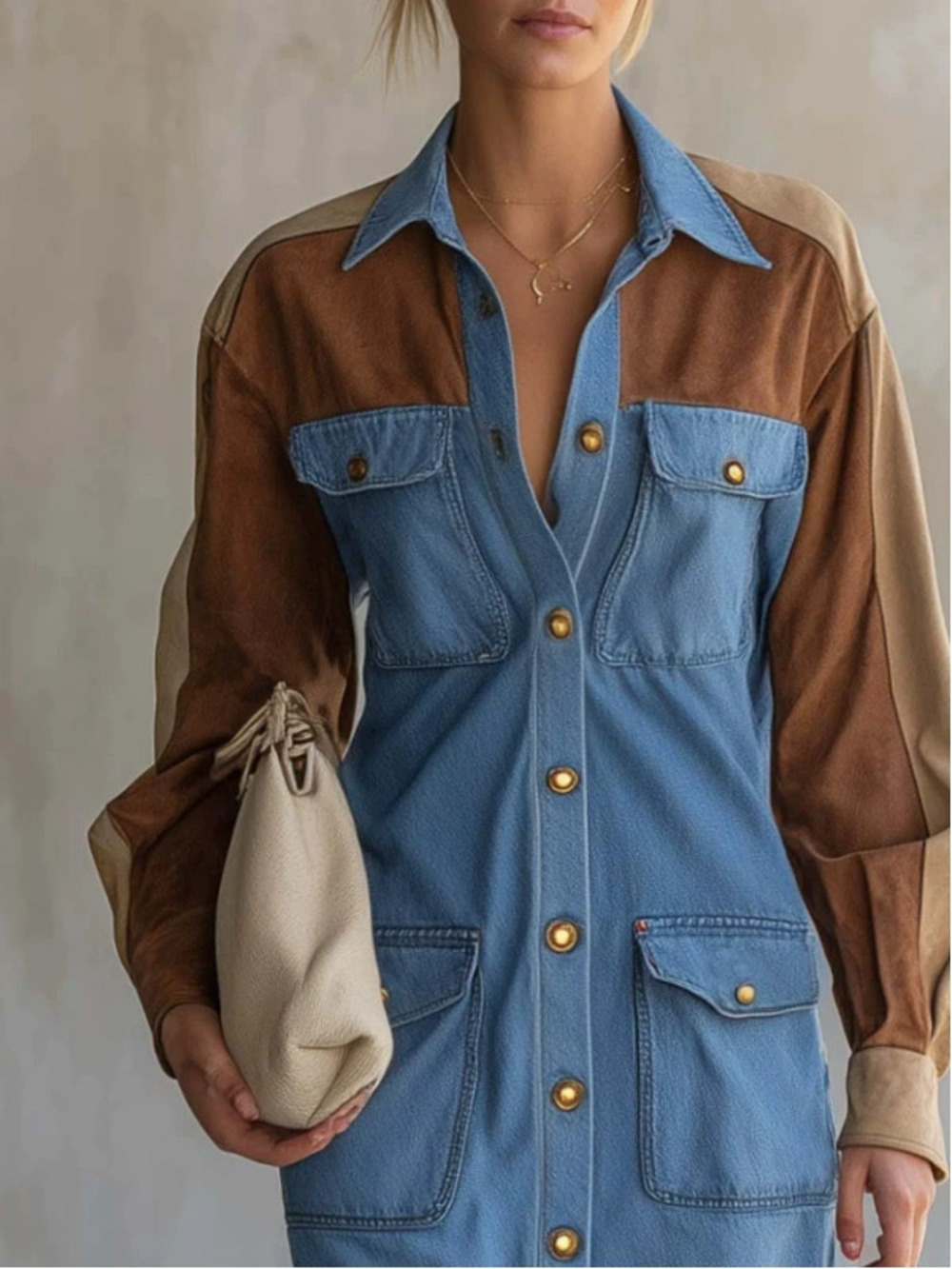 H&M   Western Vintage Casual Colorblock Shirt Collar Long Sleeve Mini Dress